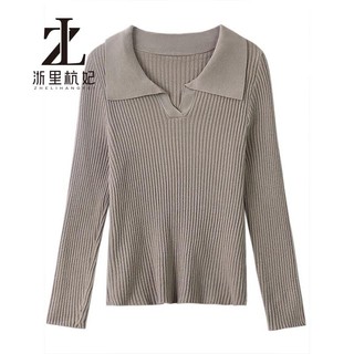 ZHELIHANGFEI Polo polo Cổ Áo Dệt Kim Dài Tay Nữ Slim-fit Ôm Hơn Nhìn Hố Sọc Bên Trong