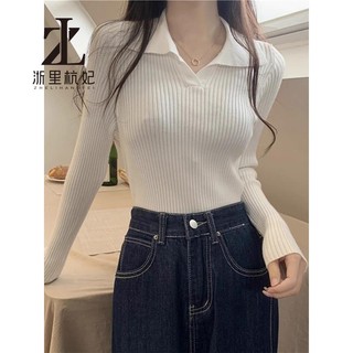 ZHELIHANGFEI Polo polo Cổ Áo Dệt Kim Dài Tay Nữ Slim-fit Ôm Hơn Nhìn Hố Sọc Bên Trong