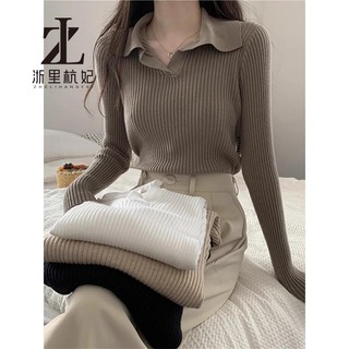 ZHELIHANGFEI Polo polo Cổ Áo Dệt Kim Dài Tay Nữ Slim-fit Ôm Hơn Nhìn Hố Sọc Bên Trong