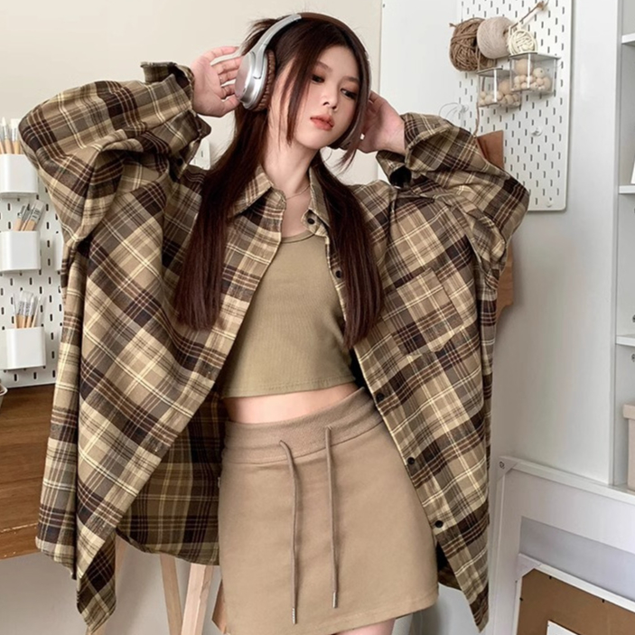 Áo sơ mi kẻ ca rô Áo dễ phối mẫu mới mùa thu cho nữ áo sơ mi dài tay áo khoác