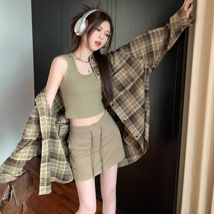 Áo sơ mi kẻ ca rô Áo dễ phối mẫu mới mùa thu cho nữ áo sơ mi dài tay áo khoác