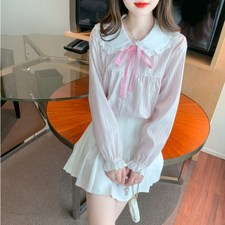 Sọc Phong Cách Hàn Quốc Nữ Nữ Dài Tay Cổ Búp Bê Áo Sơ Mi Mới Hàng Sẵn Có