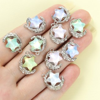 10 chiếc Phong cách ngọt ngào và mát mẻ, Dreamy Star & Crescent Moon Charms, Mặt dây chuyền hợp kim khảm thủy tinh đầy màu sắc cho DIY Dây chuyền xương đòn trong suốt và lạnh Vòng cổ Vòng tay Bông tai và hơn thế nữa
