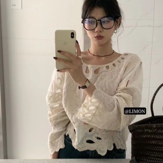 Phong Cách Hàn Quốc Nữ Cổ Tròn Móc Ren Áo Sơ Mi Tay Dài