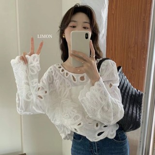 Phong Cách Hàn Quốc Nữ Cổ Tròn Móc Ren Áo Sơ Mi Tay Dài