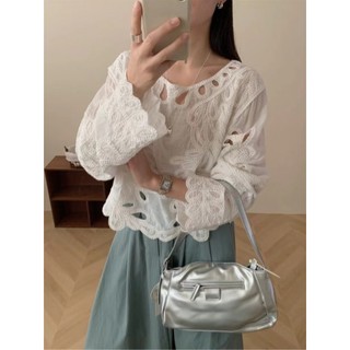 Phong Cách Hàn Quốc Nữ Cổ Tròn Móc Ren Áo Sơ Mi Tay Dài
