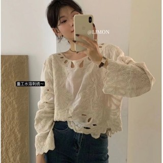 Phong Cách Hàn Quốc Nữ Cổ Tròn Móc Ren Áo Sơ Mi Tay Dài