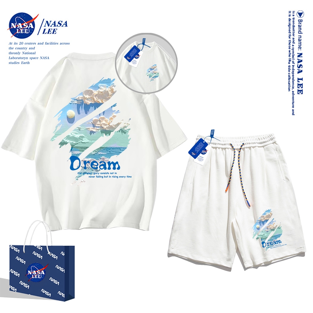 Áo thun ngắn tay Nasa mùa hè nam dáng rộng Quần Short Cotton hợp thời trang, nam nữ thể thao giản dị Phong cách đơn giản 2024 Phong cách mới