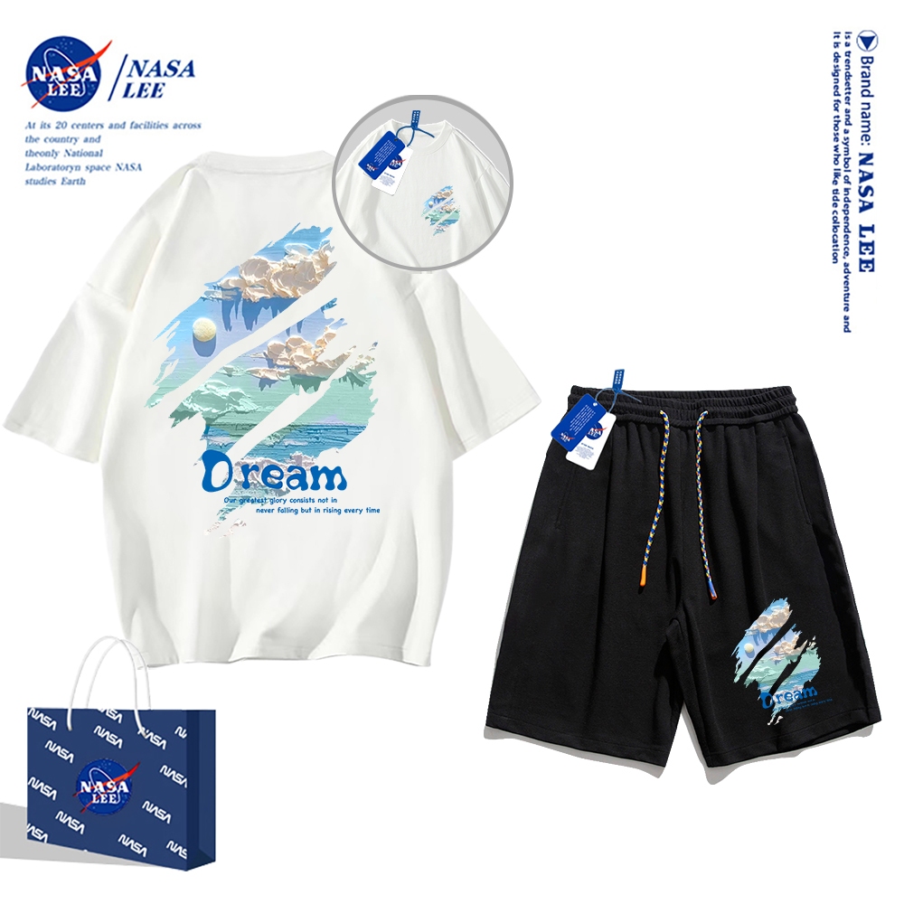 Áo thun ngắn tay Nasa mùa hè nam dáng rộng Quần Short Cotton hợp thời trang, nam nữ thể thao giản dị Phong cách đơn giản 2024 Phong cách mới