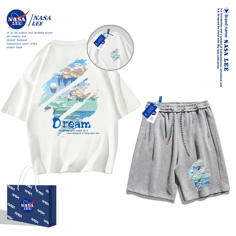Áo thun ngắn tay Nasa mùa hè nam dáng rộng Quần Short Cotton hợp thời trang, nam nữ thể thao giản dị Phong cách đơn giản 2024 Phong cách mới