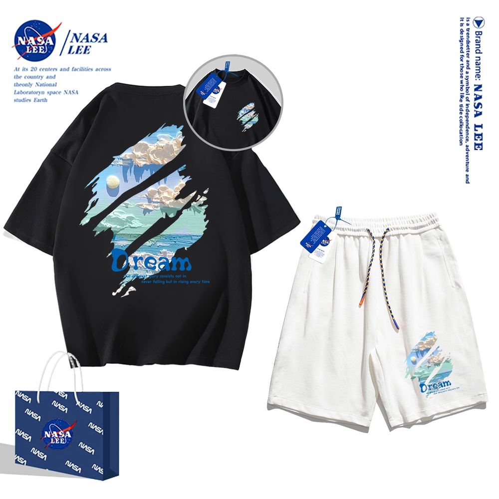 Áo thun ngắn tay Nasa mùa hè nam dáng rộng Quần Short Cotton hợp thời trang, nam nữ thể thao giản dị Phong cách đơn giản 2024 Phong cách mới