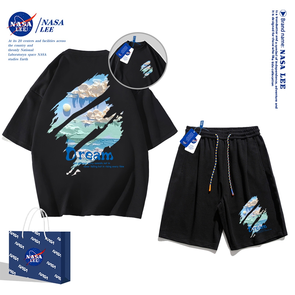 Áo thun ngắn tay Nasa mùa hè nam dáng rộng Quần Short Cotton hợp thời trang, nam nữ thể thao giản dị Phong cách đơn giản 2024 Phong cách mới