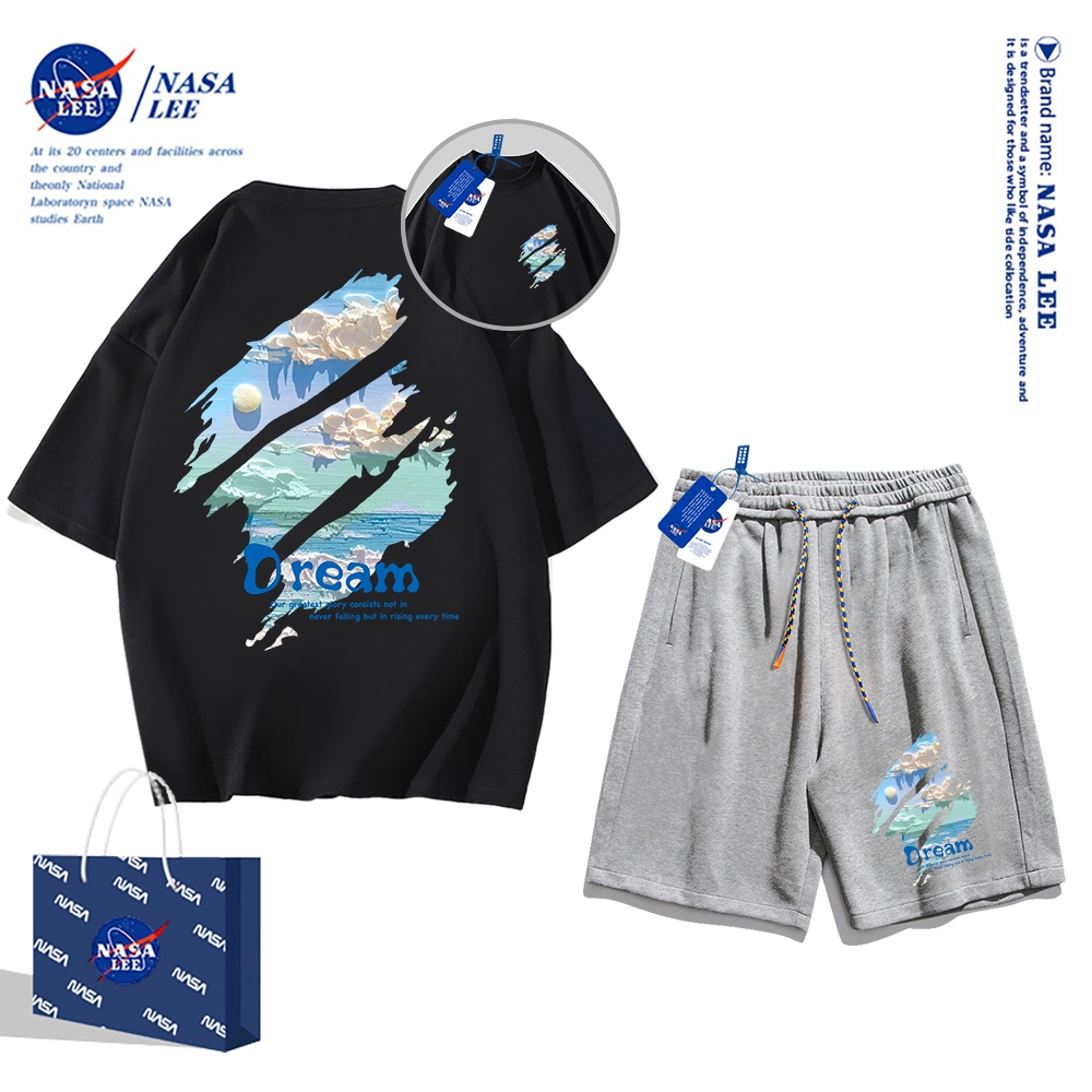 Áo thun ngắn tay Nasa mùa hè nam dáng rộng Quần Short Cotton hợp thời trang, nam nữ thể thao giản dị Phong cách đơn giản 2024 Phong cách mới