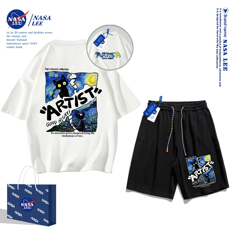 Áo thun ngắn tay Nasa mùa hè nam dáng rộng Quần Short Cotton hợp thời trang, nam nữ thể thao giản dị Phong cách đơn giản 2024 Phong cách mới