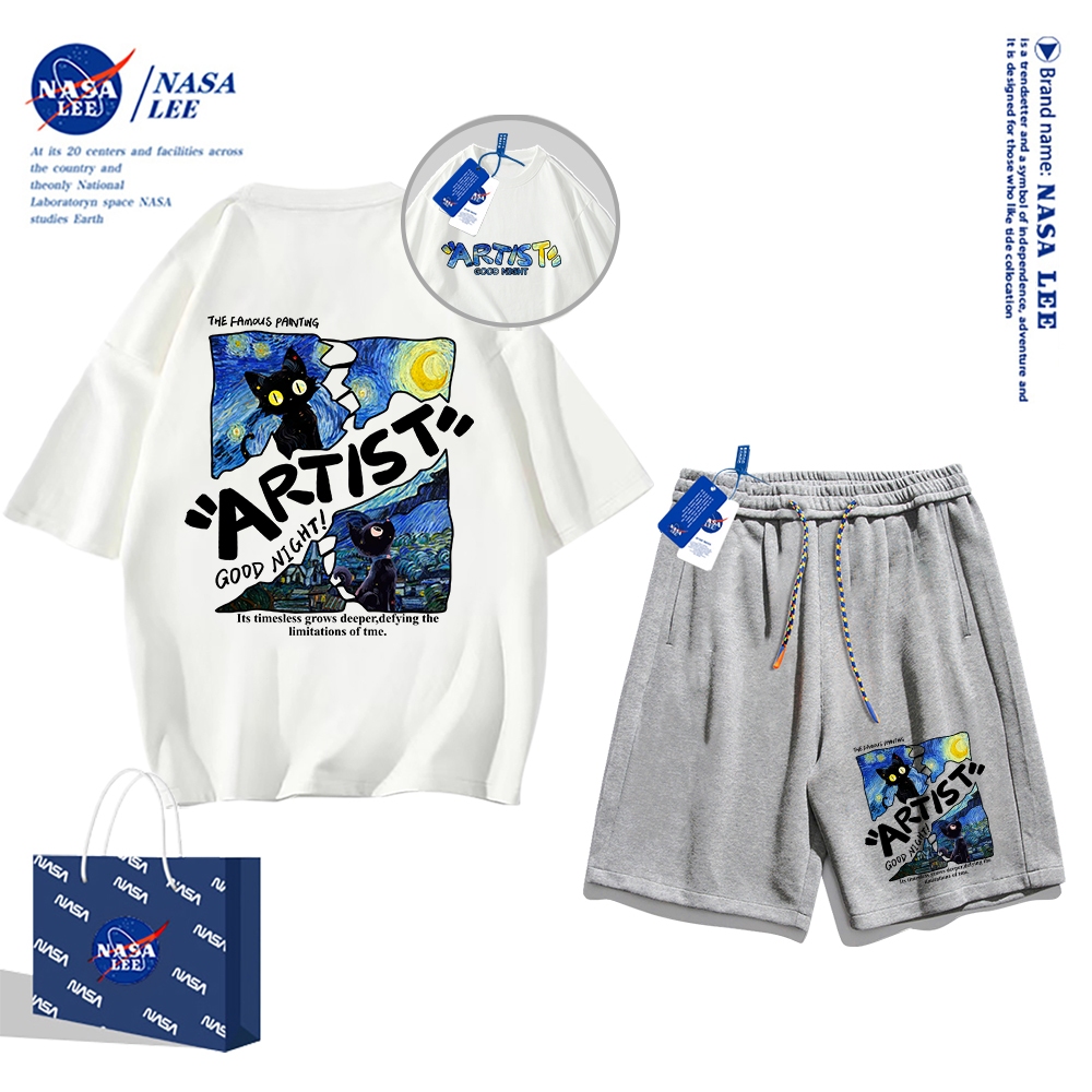 Áo thun ngắn tay Nasa mùa hè nam dáng rộng Quần Short Cotton hợp thời trang, nam nữ thể thao giản dị Phong cách đơn giản 2024 Phong cách mới