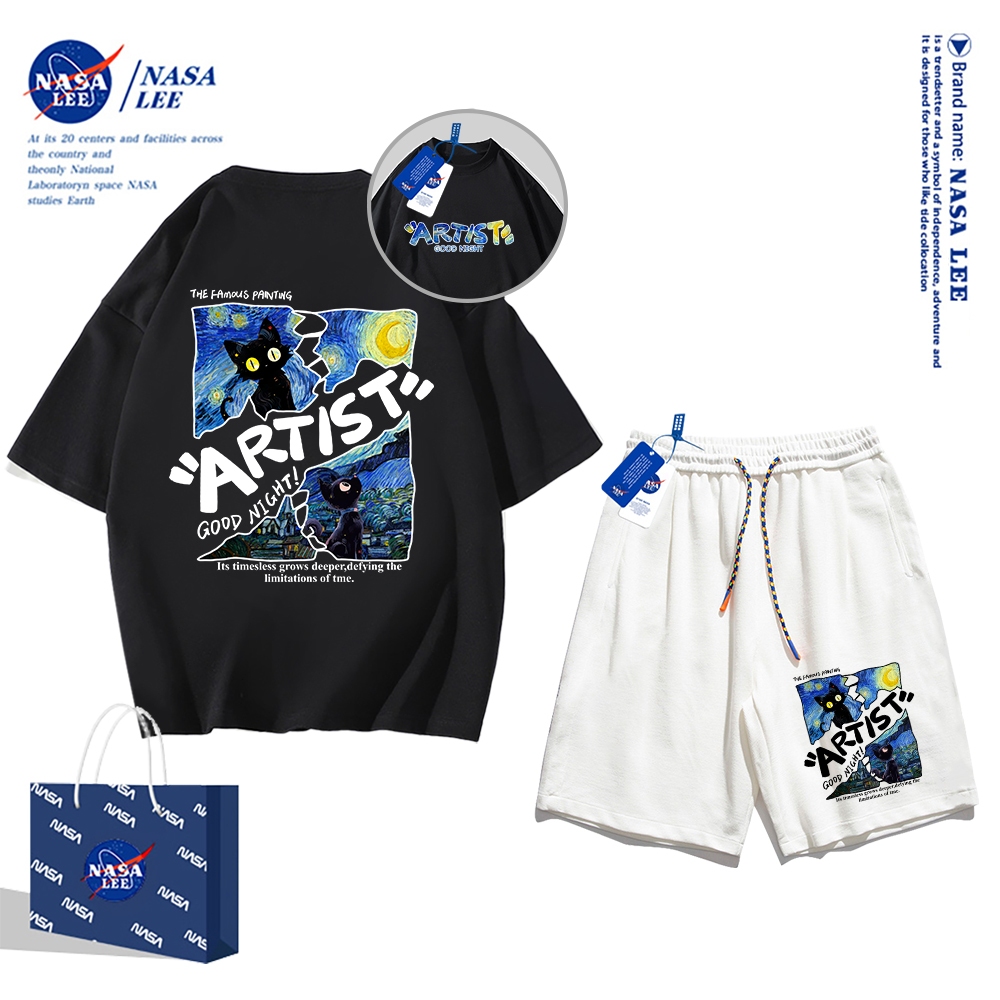 Áo thun ngắn tay Nasa mùa hè nam dáng rộng Quần Short Cotton hợp thời trang, nam nữ thể thao giản dị Phong cách đơn giản 2024 Phong cách mới