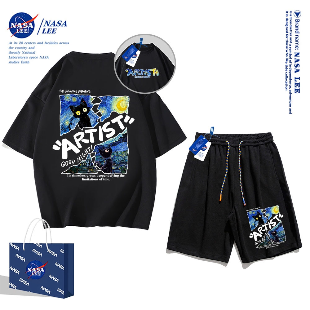 Áo thun ngắn tay Nasa mùa hè nam dáng rộng Quần Short Cotton hợp thời trang, nam nữ thể thao giản dị Phong cách đơn giản 2024 Phong cách mới