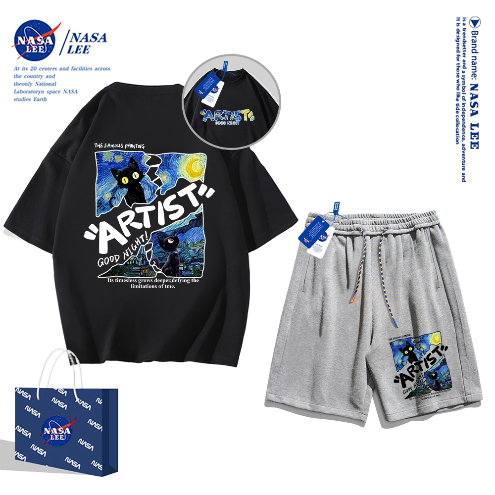 Áo thun ngắn tay Nasa mùa hè nam dáng rộng Quần Short Cotton hợp thời trang, nam nữ thể thao giản dị Phong cách đơn giản 2024 Phong cách mới
