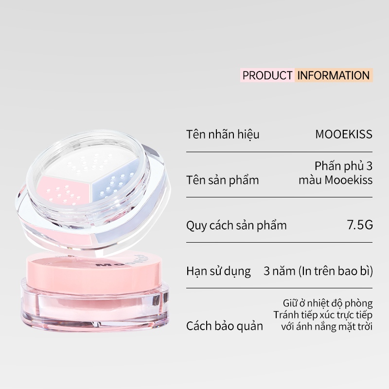 Phấn Phủ Mooekiss 3 Màu, Kiềm Dầu, Chống Nước Mồ Hôi, Lâu Trôi, Bột Mịn, Không Mốc 7.5g