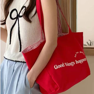 Túi xách vải hai mặt in chữ đơn giản Hàn Quốc dành cho nữ đi lại thông thường Túi đeo vai dung tích lớn