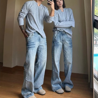 Quần jean nam ESEA American retro dáng rộng giản dị xếp nếp thẳng giặt quần jean phong cách trung tính đau khổ