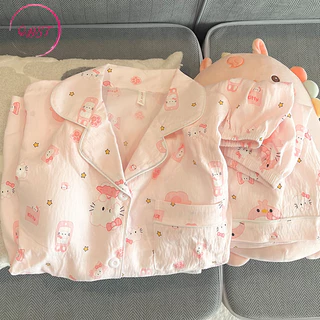 QHST Bộ Đồ Ngủ Nữ Hồng KT Cat Cloud Cotton Quần Short Tay Ngắn Nhập Khẩu