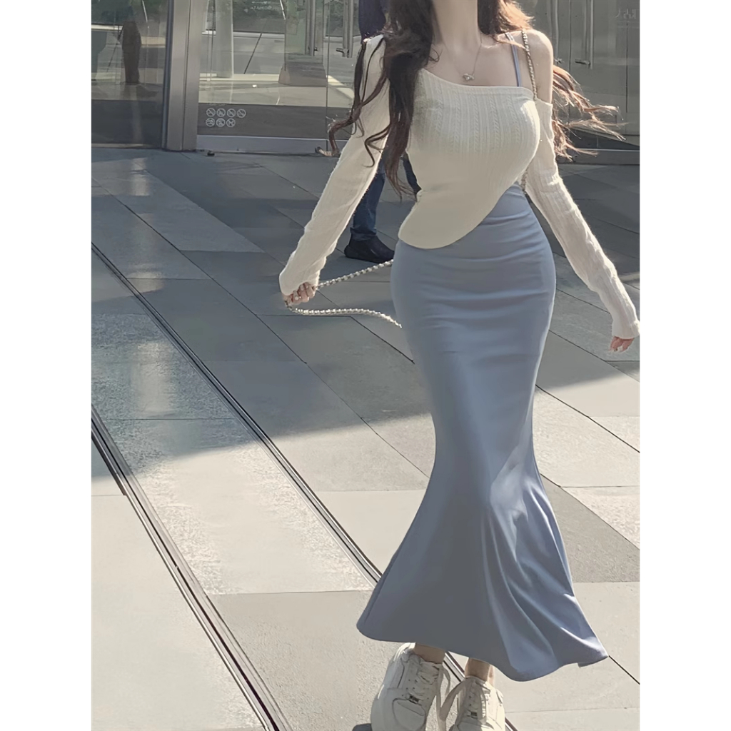 【BANKO】Bộ đồ váy dài đuôi cá cho nữ Áo len dài tay + Váy đeo màu hồng
