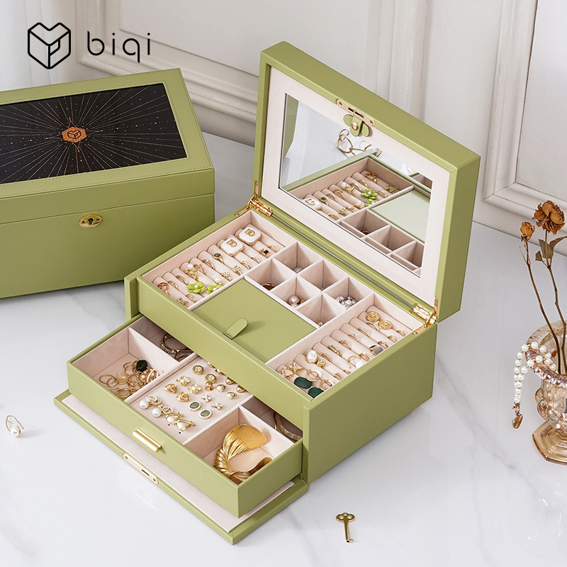 Casegrace Hộp lưu trữ trang sức 2 lớp sang trọng có khóa và chìa khóa Đồng hồ tổ chức Vòng cổ Bông tai Hộp đựng đồ trang sức có gương Hộp quà tặng có thể khóa