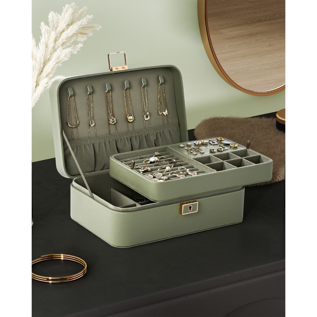Casegrace Hộp Trang Sức Tổ Chức 2 Lớp, Da PU, Có Khóa Chìa Khóa, Bảo Quản Nhẫn/Bông Tai/Vòng Cổ/Vòng Tay