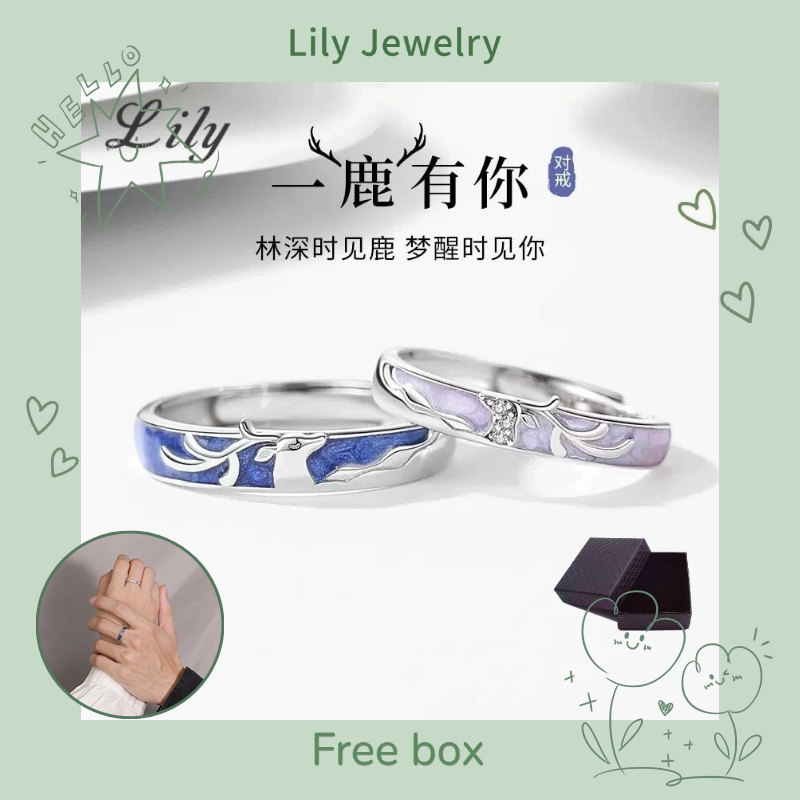 S925 Bạc Kim Cương Hươu Cặp Đôi Nhẫn Thời Trang Độc Đáo Mở Có Thể Điều Chỉnh Nam Nữ Cặp Đôi Nhẫn