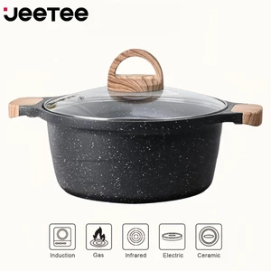 【Giá thấp lịch sử toàn shop】JEETEE Nồi canh đúc chống dính phủ đá vân màu xám 20/24/28cm, kèm nắp kính, PFOA Free, dùng cho bếp từ, bếp gas và bếp hồng ngoại, bảo hành 1 năm
