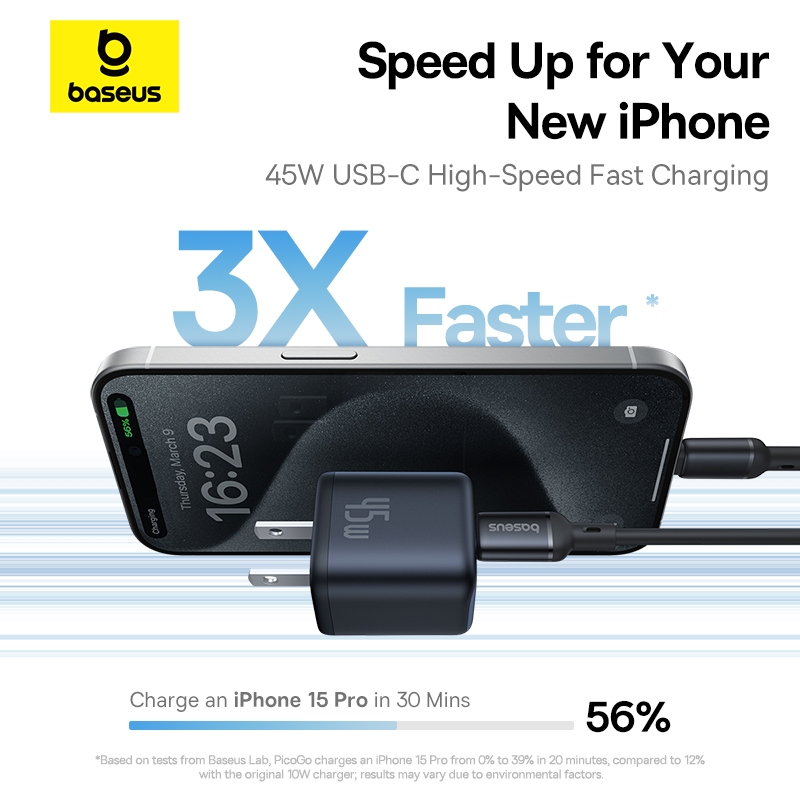 Củ Sạc Nhanh Mini Baseus PicoGo 45W GaN – USB-C, Tương Thích iPhone 14 Pro Max, iPad, Galaxy và Huawe