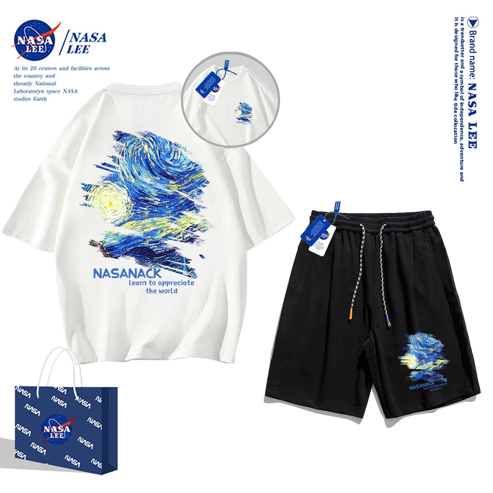 Áo thun ngắn tay Nasa mùa hè nam dáng rộng Quần Short Cotton hợp thời trang, nam nữ thể thao giản dị Phong cách đơn giản 2024 Phong cách mới 12345