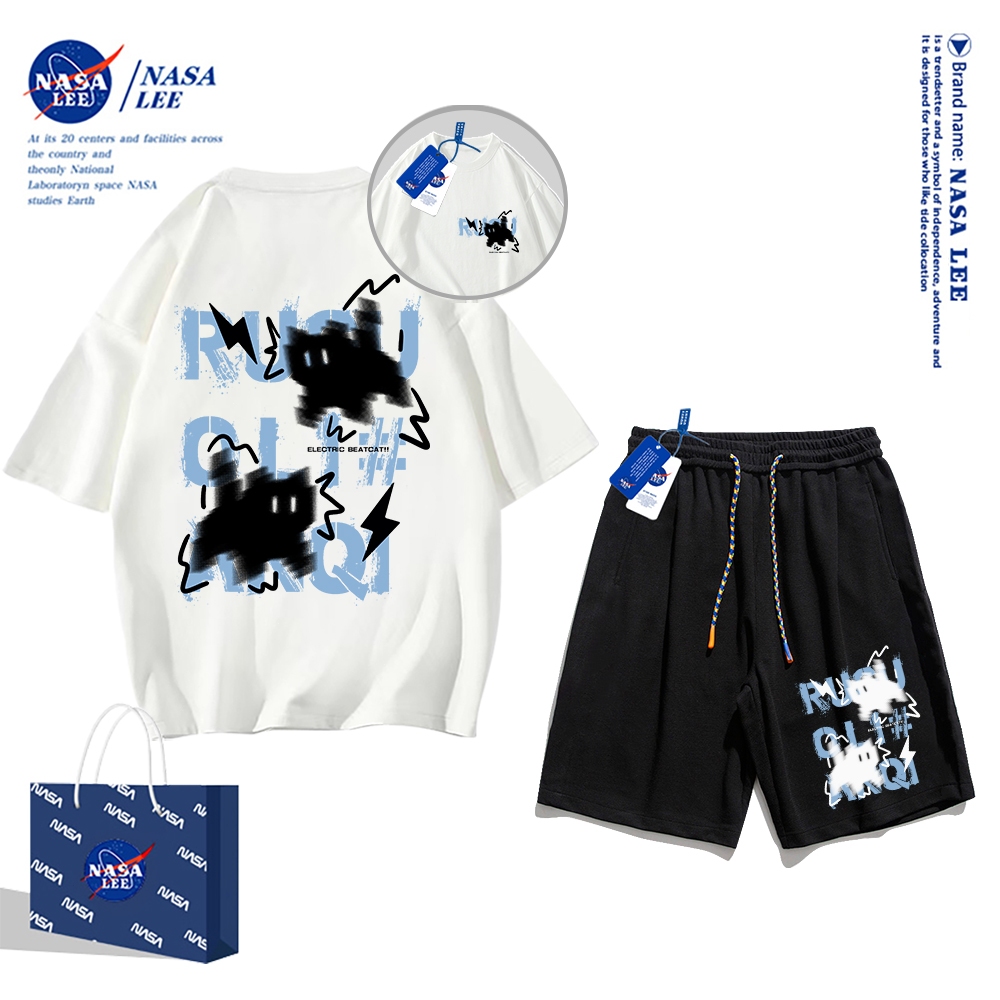 Áo thun ngắn tay Nasa mùa hè nam dáng rộng Quần Short Cotton hợp thời trang, nam nữ thể thao giản dị Phong cách đơn giản 2024 Phong cách mới