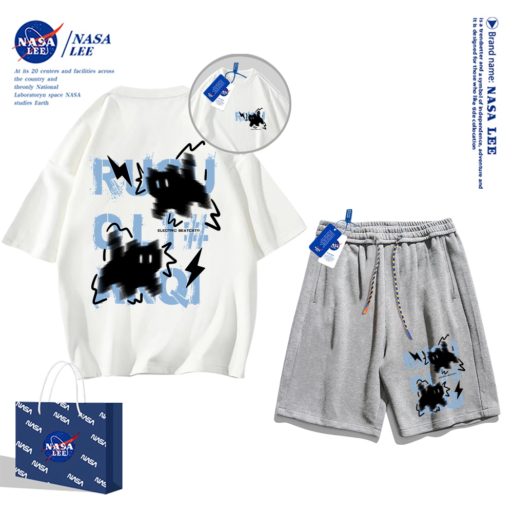 Áo thun ngắn tay Nasa mùa hè nam dáng rộng Quần Short Cotton hợp thời trang, nam nữ thể thao giản dị Phong cách đơn giản 2024 Phong cách mới