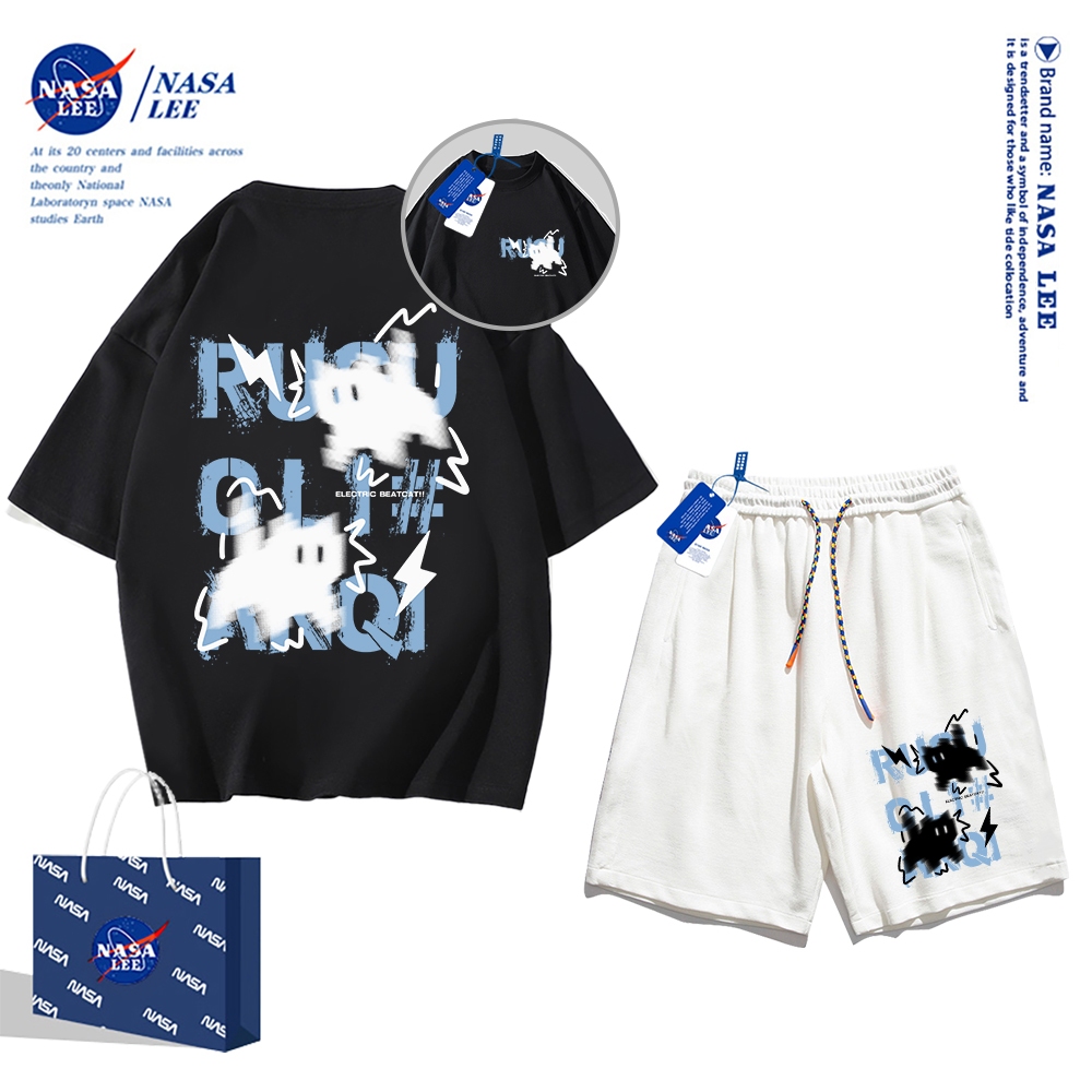Áo thun ngắn tay Nasa mùa hè nam dáng rộng Quần Short Cotton hợp thời trang, nam nữ thể thao giản dị Phong cách đơn giản 2024 Phong cách mới
