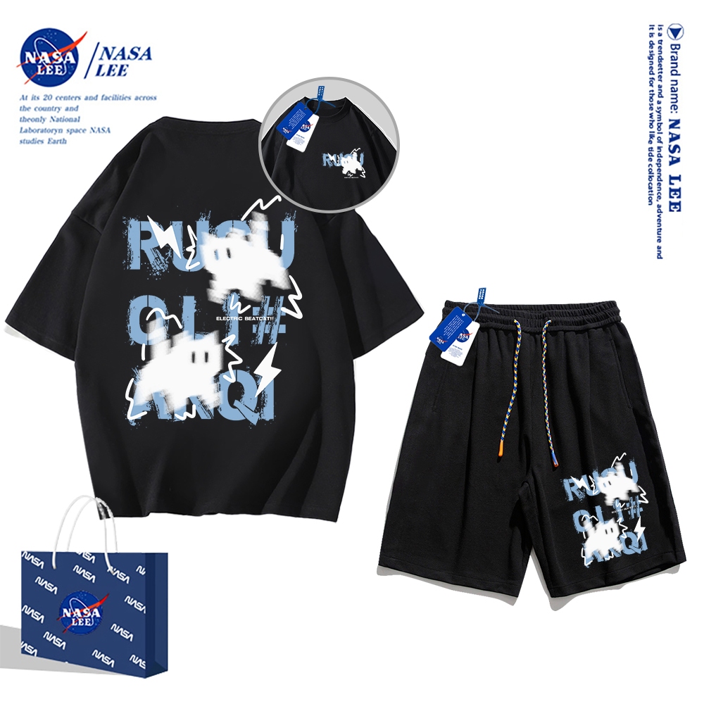 Áo thun ngắn tay Nasa mùa hè nam dáng rộng Quần Short Cotton hợp thời trang, nam nữ thể thao giản dị Phong cách đơn giản 2024 Phong cách mới