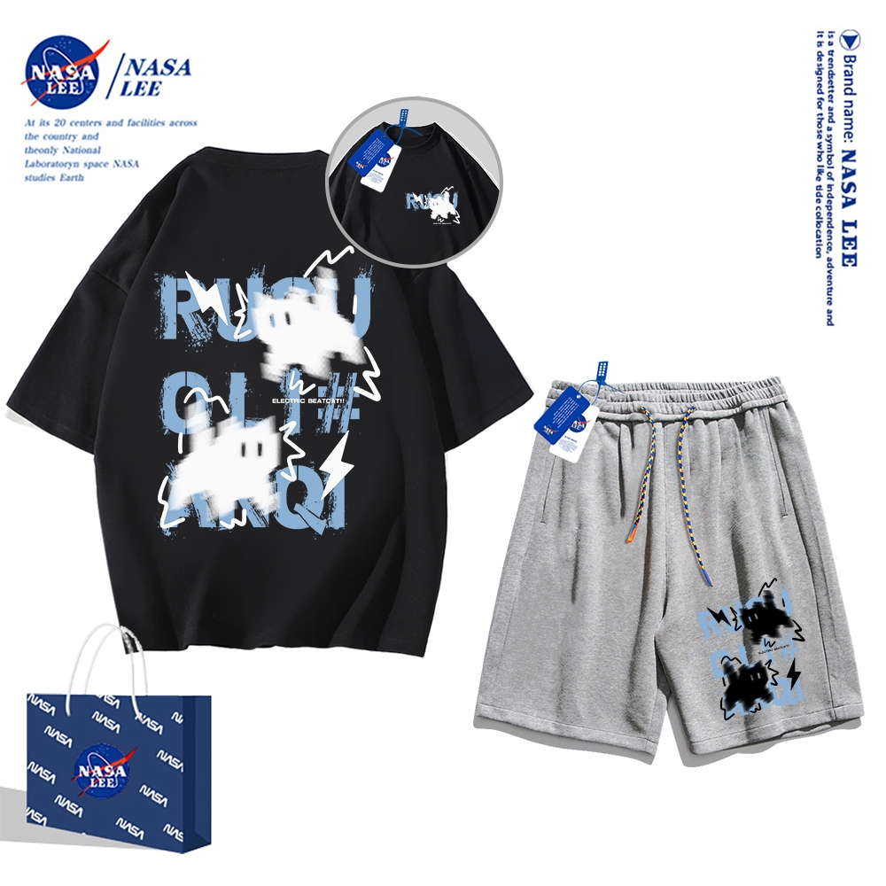 Áo thun ngắn tay Nasa mùa hè nam dáng rộng Quần Short Cotton hợp thời trang, nam nữ thể thao giản dị Phong cách đơn giản 2024 Phong cách mới