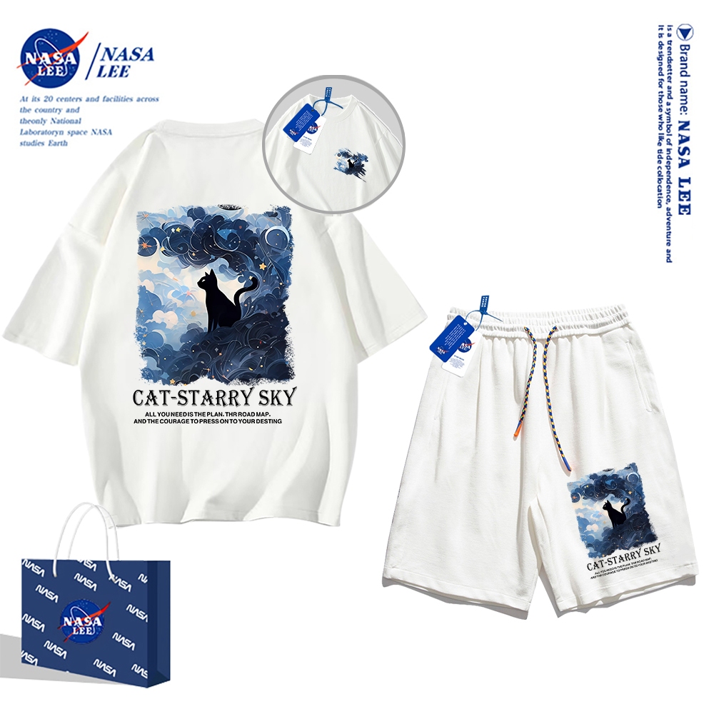 Áo thun ngắn tay Nasa mùa hè nam dáng rộng Quần Short Cotton hợp thời trang, nam nữ thể thao giản dị Phong cách đơn giản 2024 Phong cách mới
