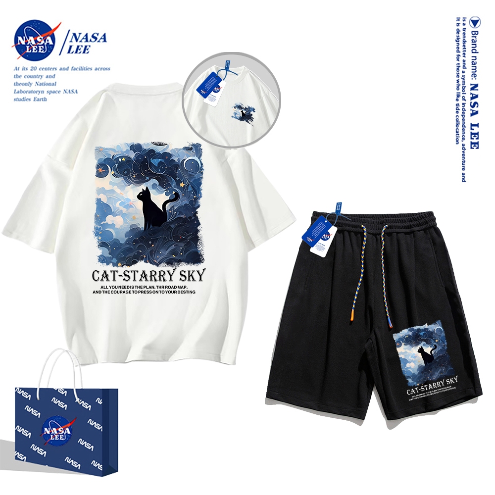Áo thun ngắn tay Nasa mùa hè nam dáng rộng Quần Short Cotton hợp thời trang, nam nữ thể thao giản dị Phong cách đơn giản 2024 Phong cách mới