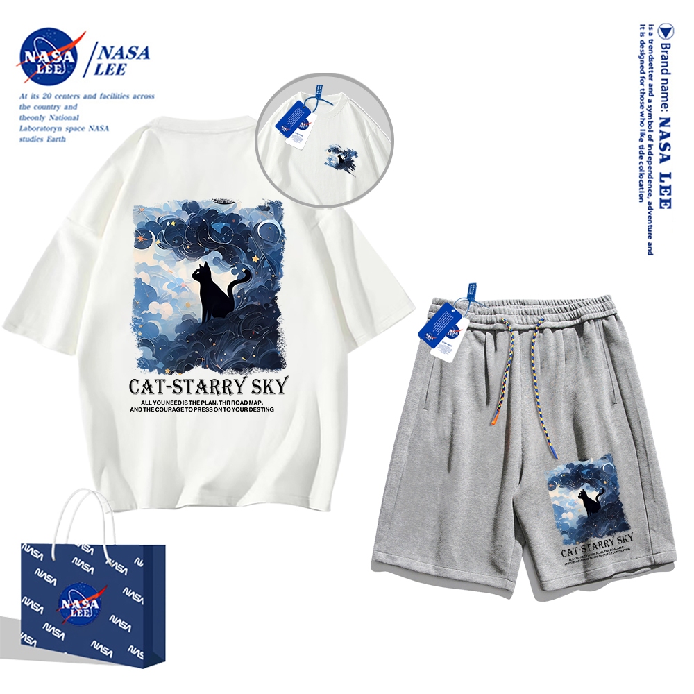 Áo thun ngắn tay Nasa mùa hè nam dáng rộng Quần Short Cotton hợp thời trang, nam nữ thể thao giản dị Phong cách đơn giản 2024 Phong cách mới