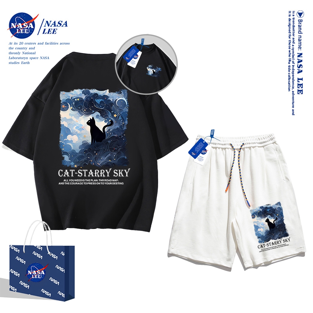 Áo thun ngắn tay Nasa mùa hè nam dáng rộng Quần Short Cotton hợp thời trang, nam nữ thể thao giản dị Phong cách đơn giản 2024 Phong cách mới