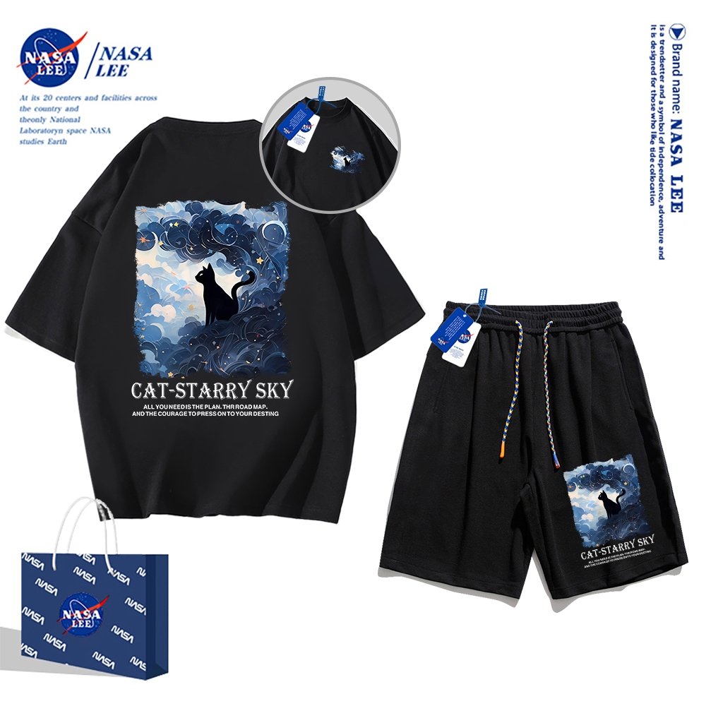 Áo thun ngắn tay Nasa mùa hè nam dáng rộng Quần Short Cotton hợp thời trang, nam nữ thể thao giản dị Phong cách đơn giản 2024 Phong cách mới