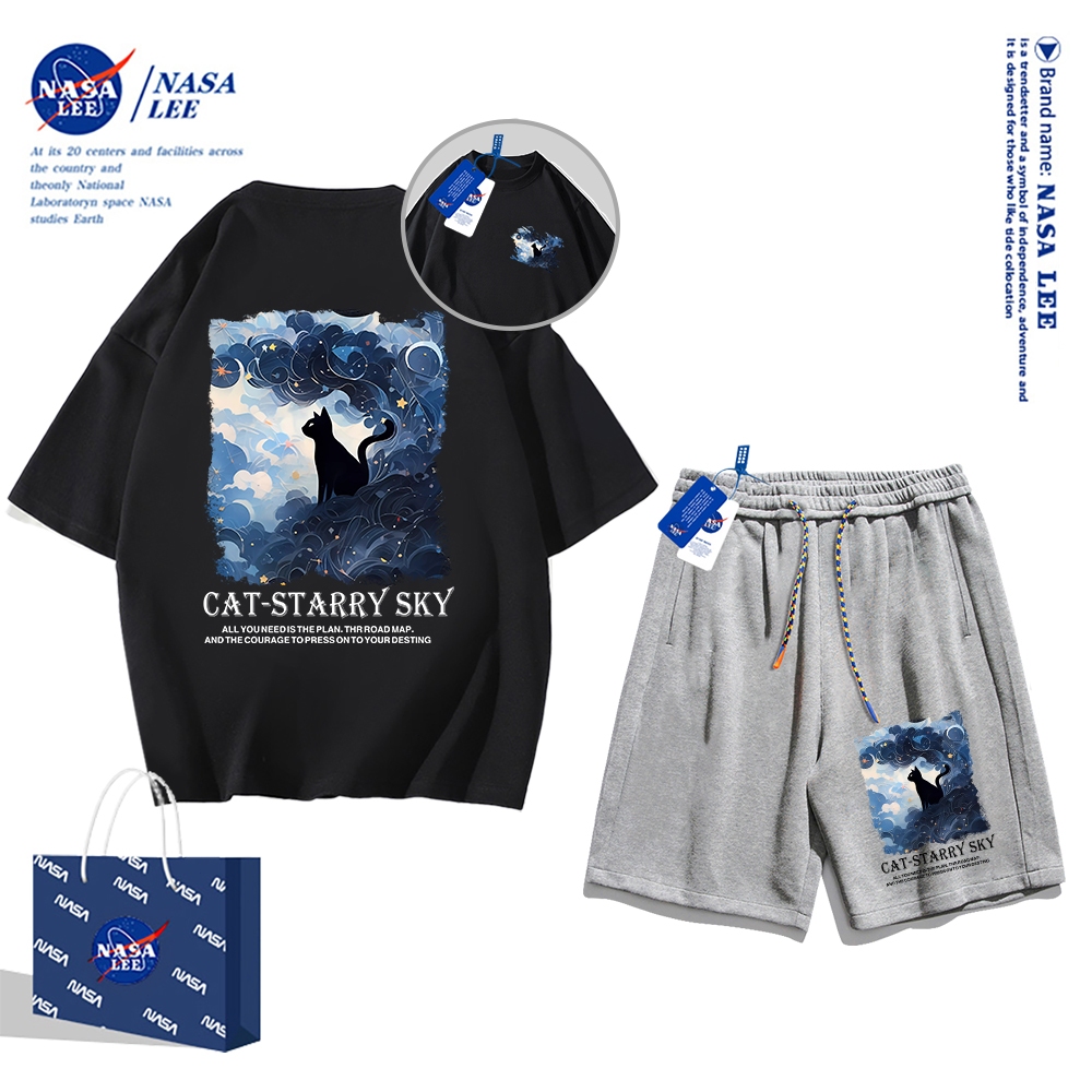 Áo thun ngắn tay Nasa mùa hè nam dáng rộng Quần Short Cotton hợp thời trang, nam nữ thể thao giản dị Phong cách đơn giản 2024 Phong cách mới