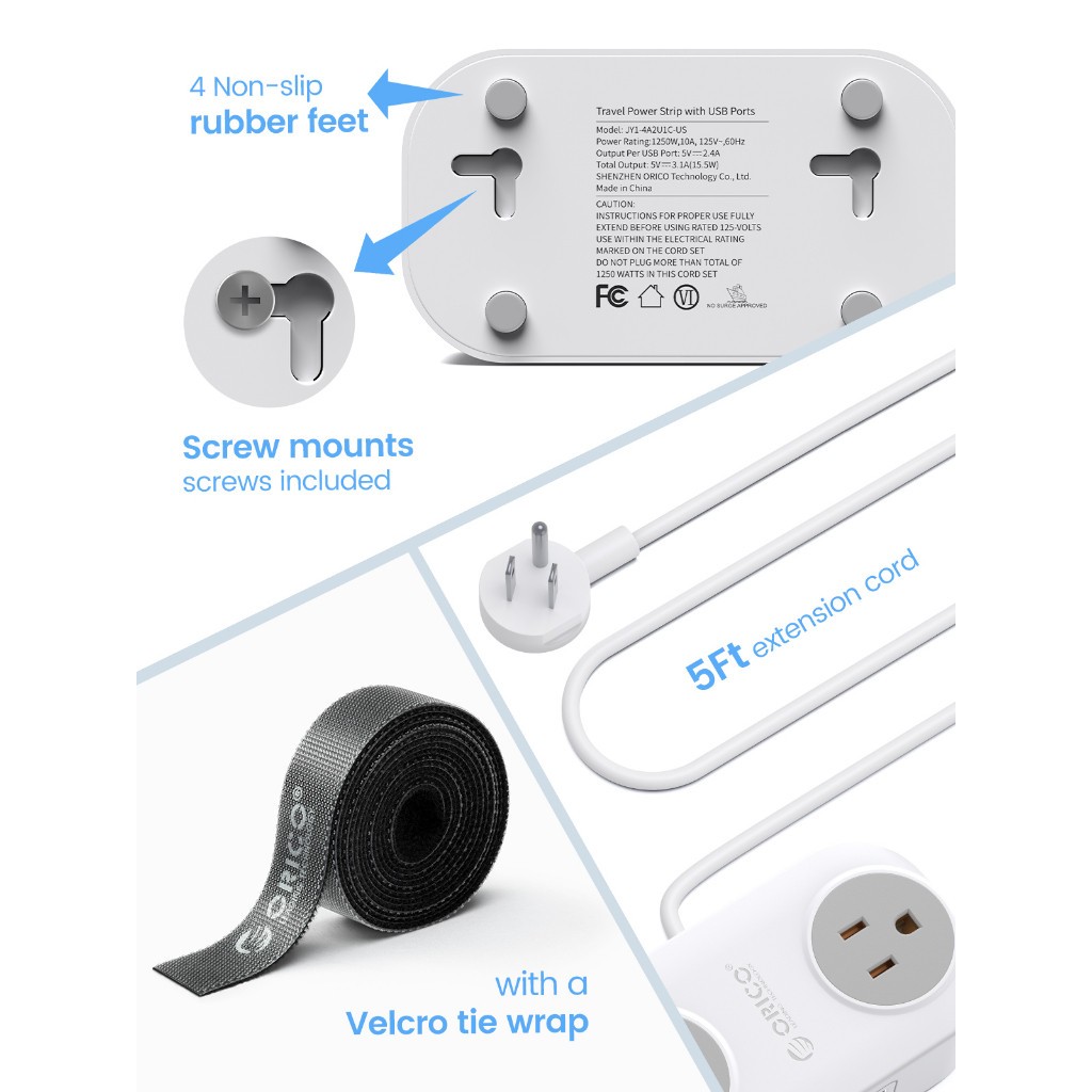 Dải nguồn du lịch ORICO có cổng USB Dây nối dài treo tường 3 mét (JY1)
