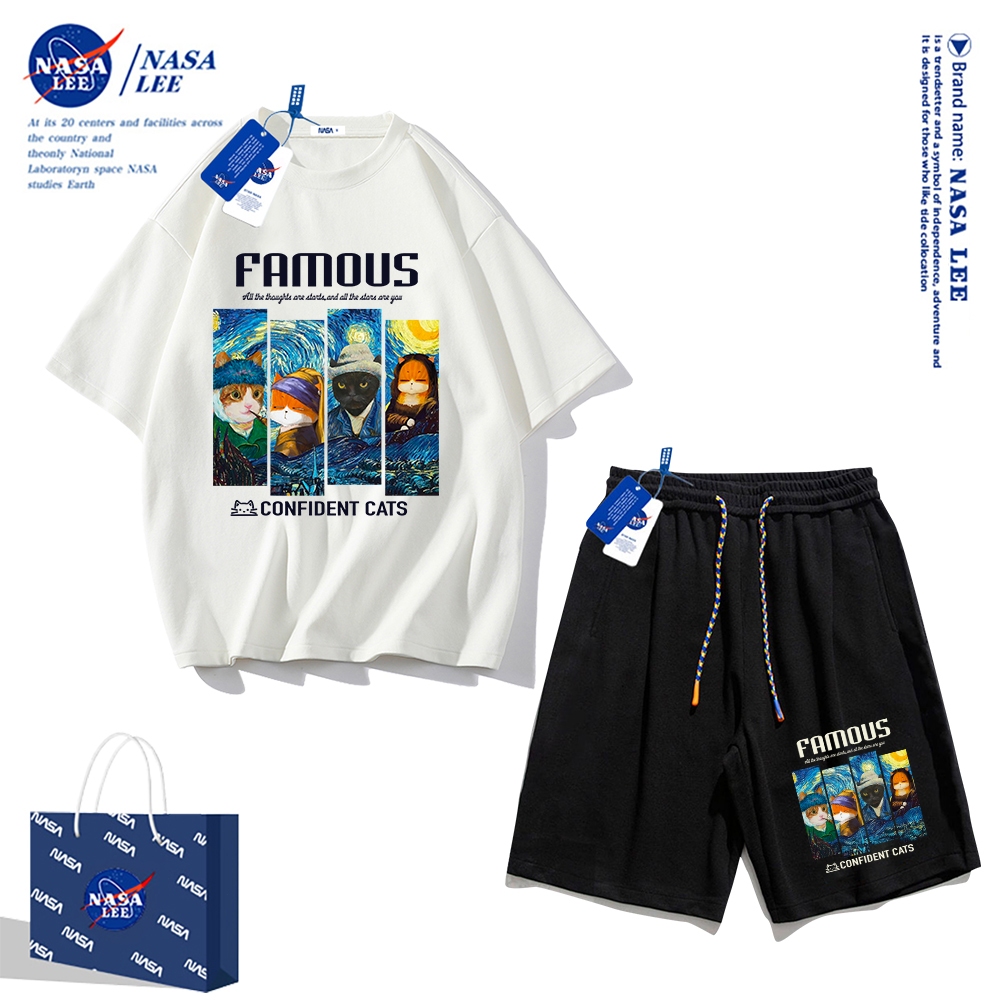 Áo thun ngắn tay Nasa mùa hè nam dáng rộng Quần Short Cotton hợp thời trang, nam nữ thể thao giản dị Phong cách đơn giản 2024 Phong cách mới