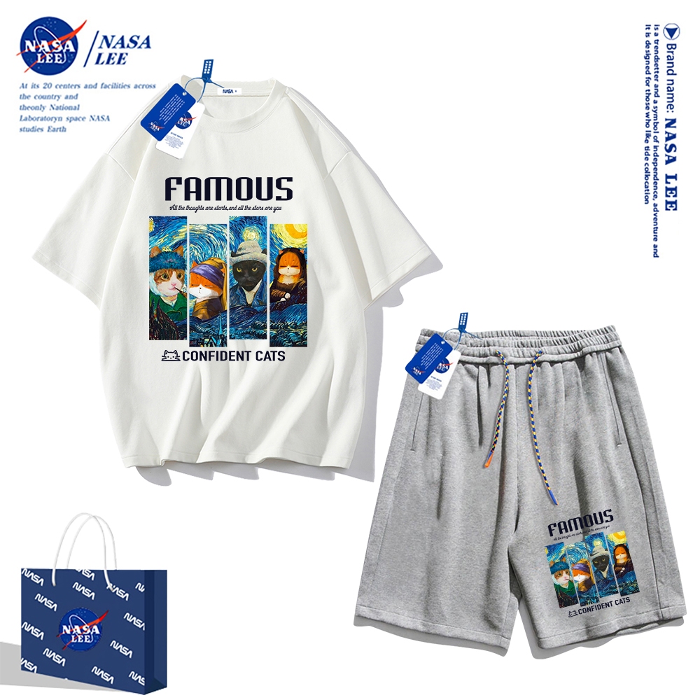 Áo thun ngắn tay Nasa mùa hè nam dáng rộng Quần Short Cotton hợp thời trang, nam nữ thể thao giản dị Phong cách đơn giản 2024 Phong cách mới