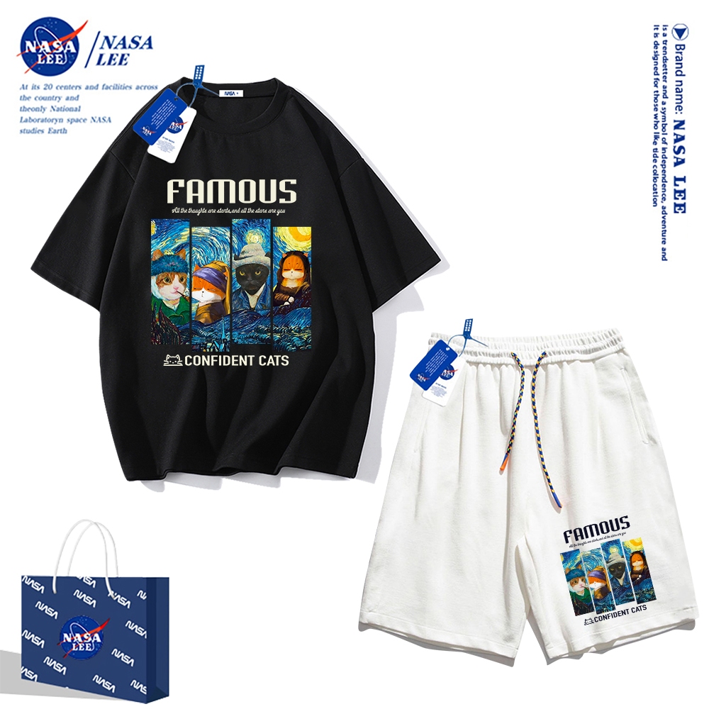 Áo thun ngắn tay Nasa mùa hè nam dáng rộng Quần Short Cotton hợp thời trang, nam nữ thể thao giản dị Phong cách đơn giản 2024 Phong cách mới