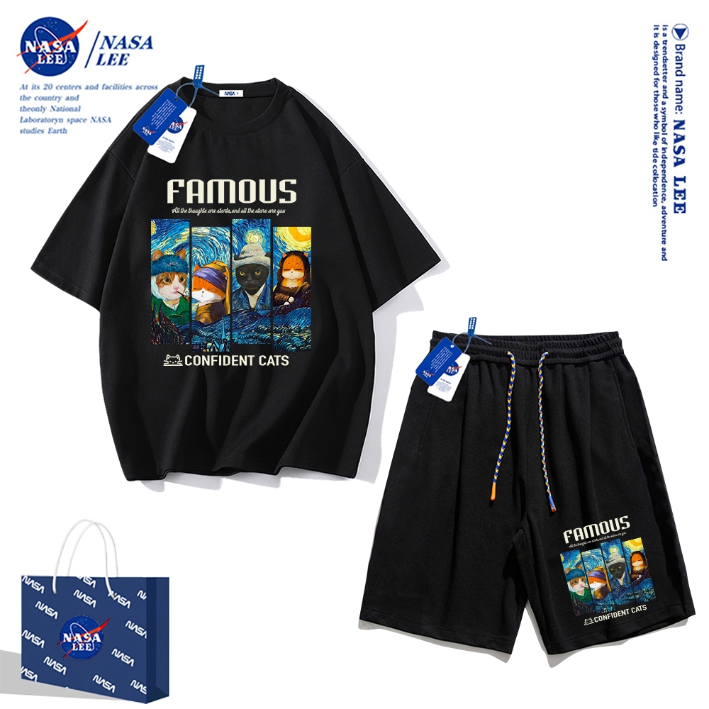 Áo thun ngắn tay Nasa mùa hè nam dáng rộng Quần Short Cotton hợp thời trang, nam nữ thể thao giản dị Phong cách đơn giản 2024 Phong cách mới