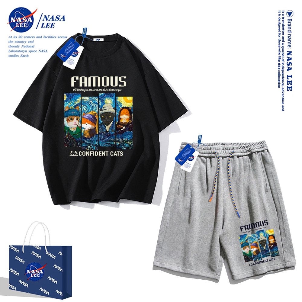Áo thun ngắn tay Nasa mùa hè nam dáng rộng Quần Short Cotton hợp thời trang, nam nữ thể thao giản dị Phong cách đơn giản 2024 Phong cách mới